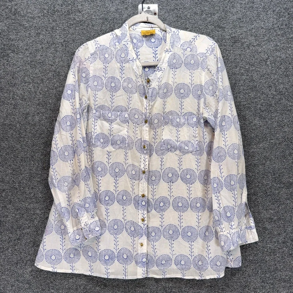 Roberta Roller Rabbit Kurta Women Small White Blue Block Print Cotton Tunic Top